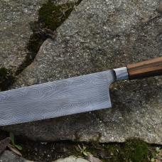 8&amp;quot; Nakiri with mosaic damascus blade. Handle is Black and White Ebony. The pattern is made by stacking alternating pieces of two alloys of carbon steel  then forge welding them together  basically melting the layers together into one piece. this is then restacked and manipulated to form a pattern of our choosing.