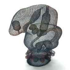 Used a crochet technique (weaving technique) to fabricate the piece. After that paint Ottchil on it and bake it in a kiln. Materials: steel wires  copper wires  brass wires  and Ottchil (East Asia lacquer) 