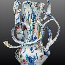 Handformed earthenware vessel sculpture created using a series of slumped forms parts of which are assembled and manipulated into one of a kind artworks multifired for desired effects