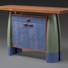 Split leg console with a cabinet and drawer. Bubinga  Soft Maple and Milk Paint