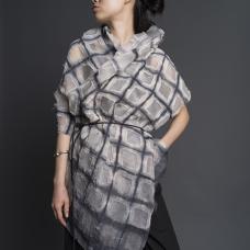 Hand-dyed itajime shibori using sustainable dyes on linen and silk organza. Stitched  hand-cut  pieced.