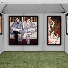 Booth with art on walls
