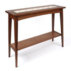Solid walnut hall table featuring the asa-no-ha kumiko pattern in a mitered frame with a glass insert.