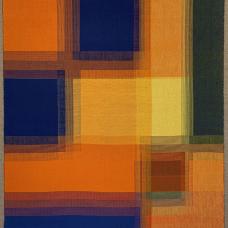 Handwoven with fine cotton thread using a complex layer transition effect in doubleweave. Finished piece is hand sewn to a stretched linen canvas to hang on the wall.