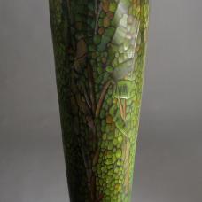 This large wooden vessel is evocative of the colors and textures of the late summer forest.