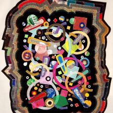 tapestry with colorful energetic shapes