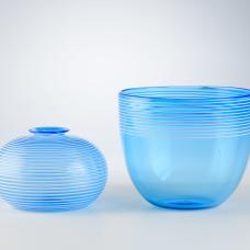 striped blue glass vase and bowl