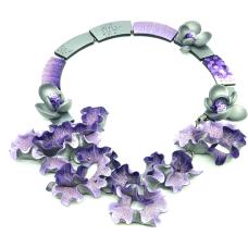 polymer clay necklace with purple and silver floral designs