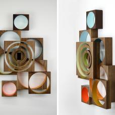 two views of a wall sculpture made up of several intersecting squares and circles