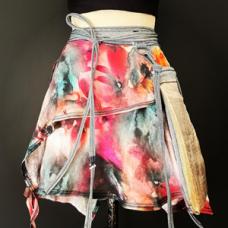 Exuberant digital print linen wrap skirt with upcycled denim and large reinforced removable pocket. One size fits all.