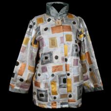 silver jacket with black, rust, and yellow