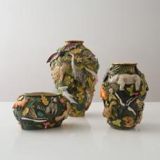 Materials: white stoneware  glazes  gold luster Dimension listed is for largest vessel. Prices: range from $3000-$6000 Technique: handbuilt  sculpted and underglaze painting