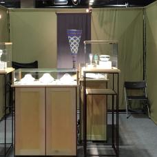 Maple and steel custom showcases  Green fabric walls  grey carpet  track lighting  fabric banners with photos of work.