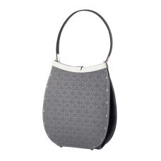 The acorn bag is hand fabricated in etched stainless steel and is shown here with a charcoal finish on stainless.