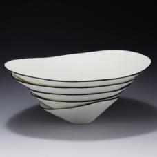 Individually wheelthrown high fired porcelain  colored porcelain slip inlay. Individual vessels adhered as one.