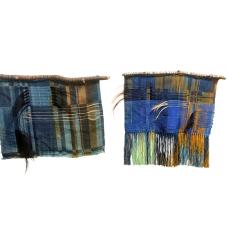 Hand dyed and hand painted tencel yarn hand woven in original deigns. Horse hair inserted in weaving and attached to sticks collected from Pine River banks in Colorado.