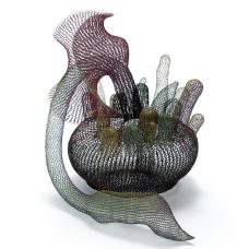 Used a crochet technique (weaving technique) to fabricate the piece. After that paint Ottchil on it and bake it in a kiln. Materials: steel wires  copper wires  brass wires  and Ottchil (East Asia lacquer)