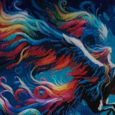 This vivid hand embroidery bursts with energy as a young figure rides a majestic bird through a dreamlike sky. The bird's wings explode in a spectrum of swirling rainbow threads  blending power and grace. Set against a deep  celestial background  the piece captures the thrill of imagination and fearless flight into the unknown.