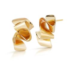 Hand fabricated sheet earrings in brass finished with 14k gold plating