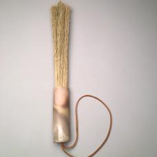 Woodfired Porcelain Hand Broom with broomcorn bristles and leather hang tie.
