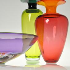 Blown Glass Incalmo vessels with colored lip wraps. Incalmo Cane bowl with colored lip wrap.