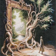 This hand embroidery captures a surreal moment as a lone figure approaches an enormous  twisted tree that frames a glowing portal. The ancient roots and branches entwine with the frame  merging nature and mystery. Through the portal  a serene landscape beckons—symbolizing a journey from shadow into light  from present into the unknown future.