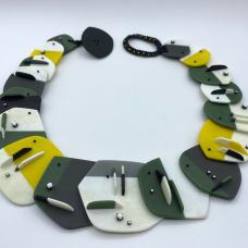 Fused and carved glass with rhinestones and glass seed beads